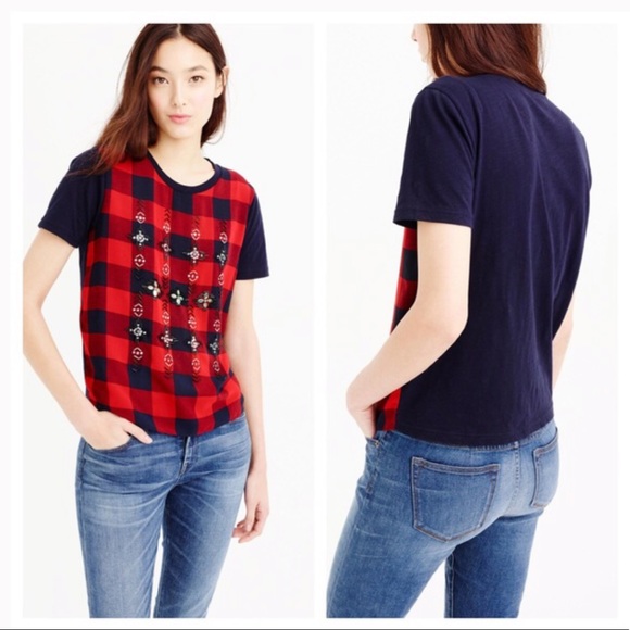 J. Crew Tops - J.Crew Embellished tartan t-shirt checkered top M